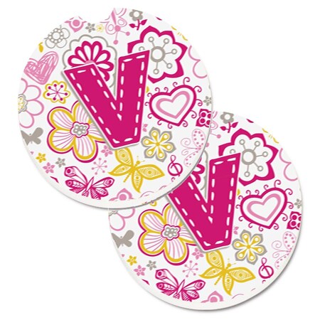 Carolines Treasures Letter V Flowers and Butterflies Pink Cup Holder Car Coaster, PK2 CJ2005-VCARC